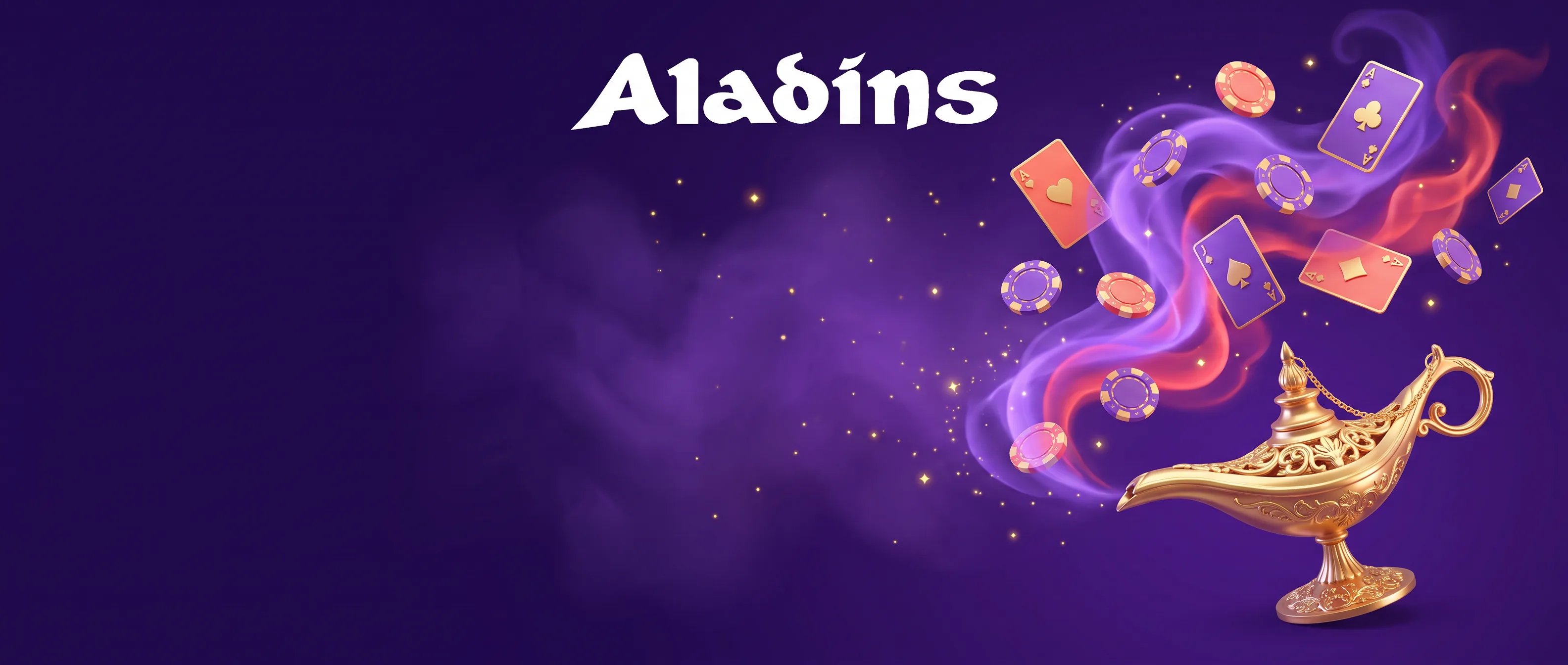 Aladins zelta lampa, spēļu kārtis un žetoni violetā fonā